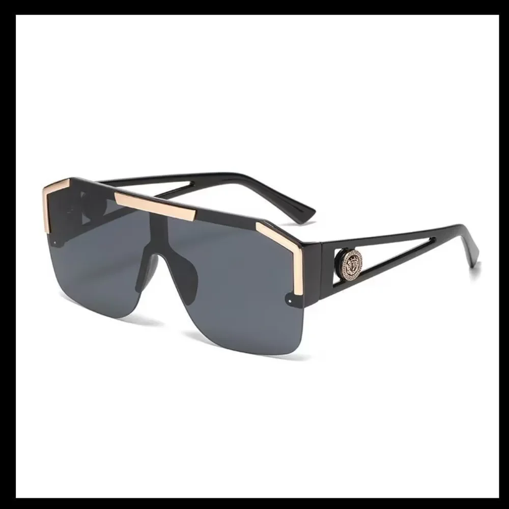 Oversized Black Shield Sunglasses with Gold Trim